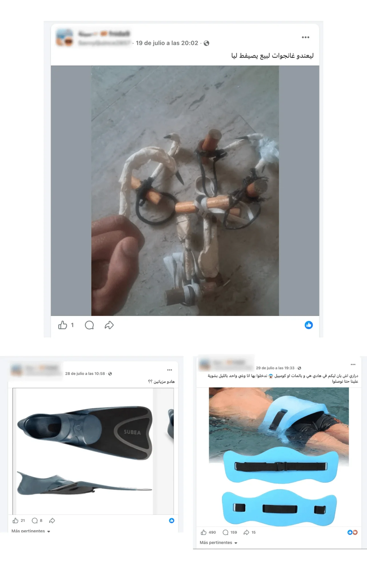 Screenshot einer Facebook-Gruppe, in der Nutzer nach selbstgebauten Haken, Schwimmflossen und Auftriebsgürteln fragen.