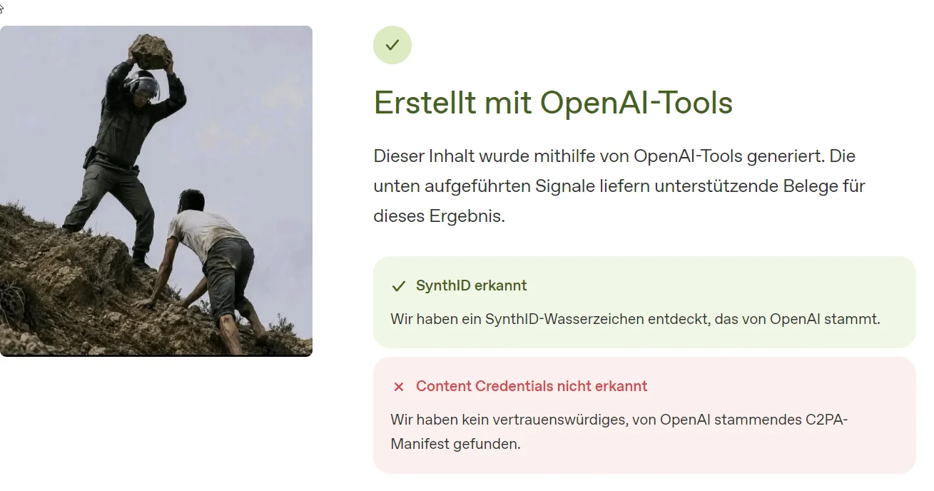 Screenshot des OpenAI-Verifikationswerkzeugs: Erstellt mit OpenAI-Tools, SynthID erkannt, Content Credentials nicht erkannt.