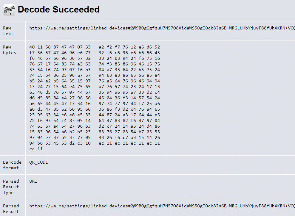 Technische Analyse des QR-Codes: Der ausgelesene Inhalt führt zur WhatsApp-Funktion „Verknüpfte Geräte“. In den decodierten Nutzdaten ist neben diesem WhatsApp-Link kein weiterer versteckter Payload erkennbar. | Screenshot/Mimikama