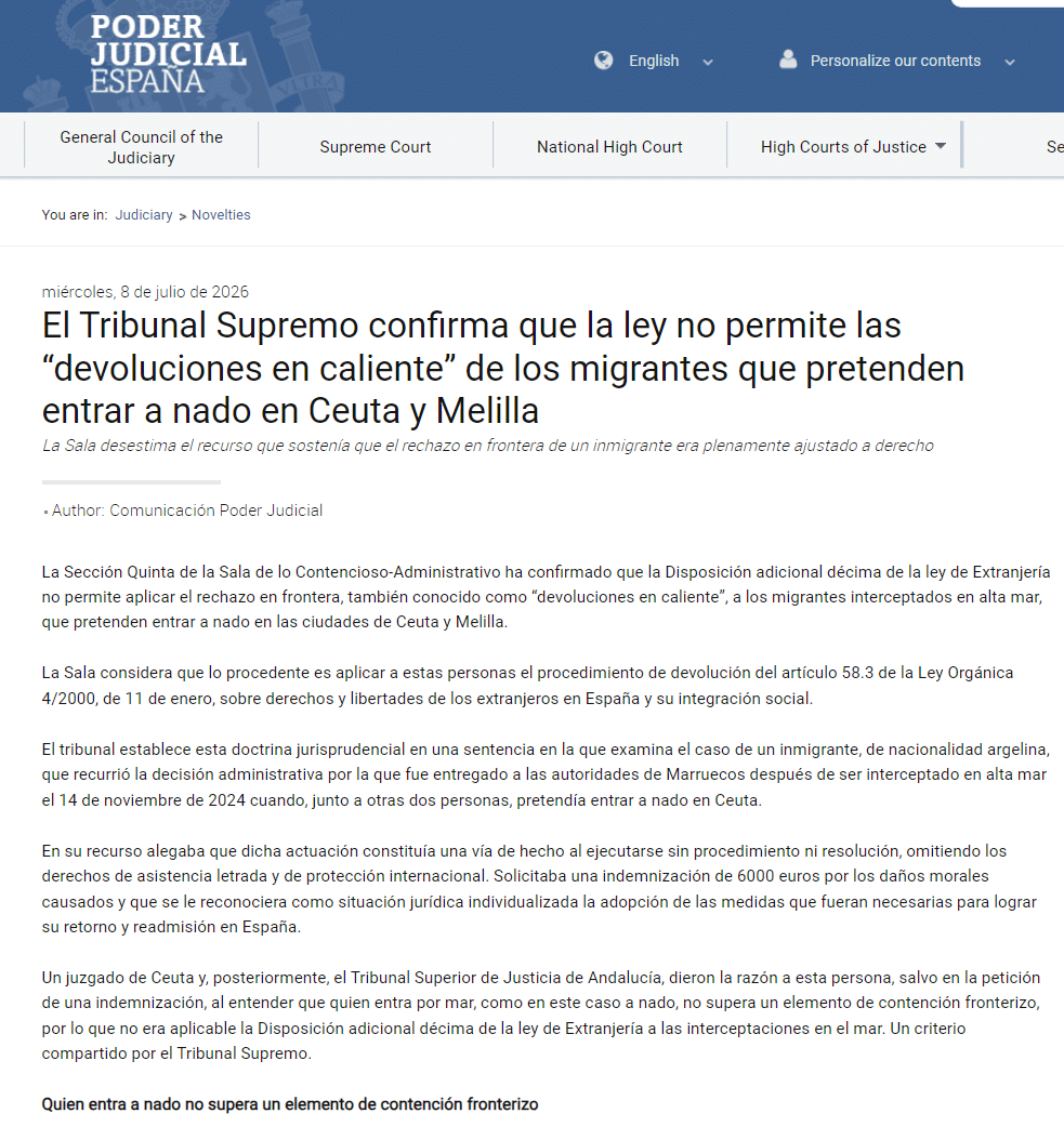 Screenshot der Pressemitteilung des spanischen Obersten Gerichtshofs zum Verbot unmittelbarer Zurückweisungen bei Einreisen über das Meer.
