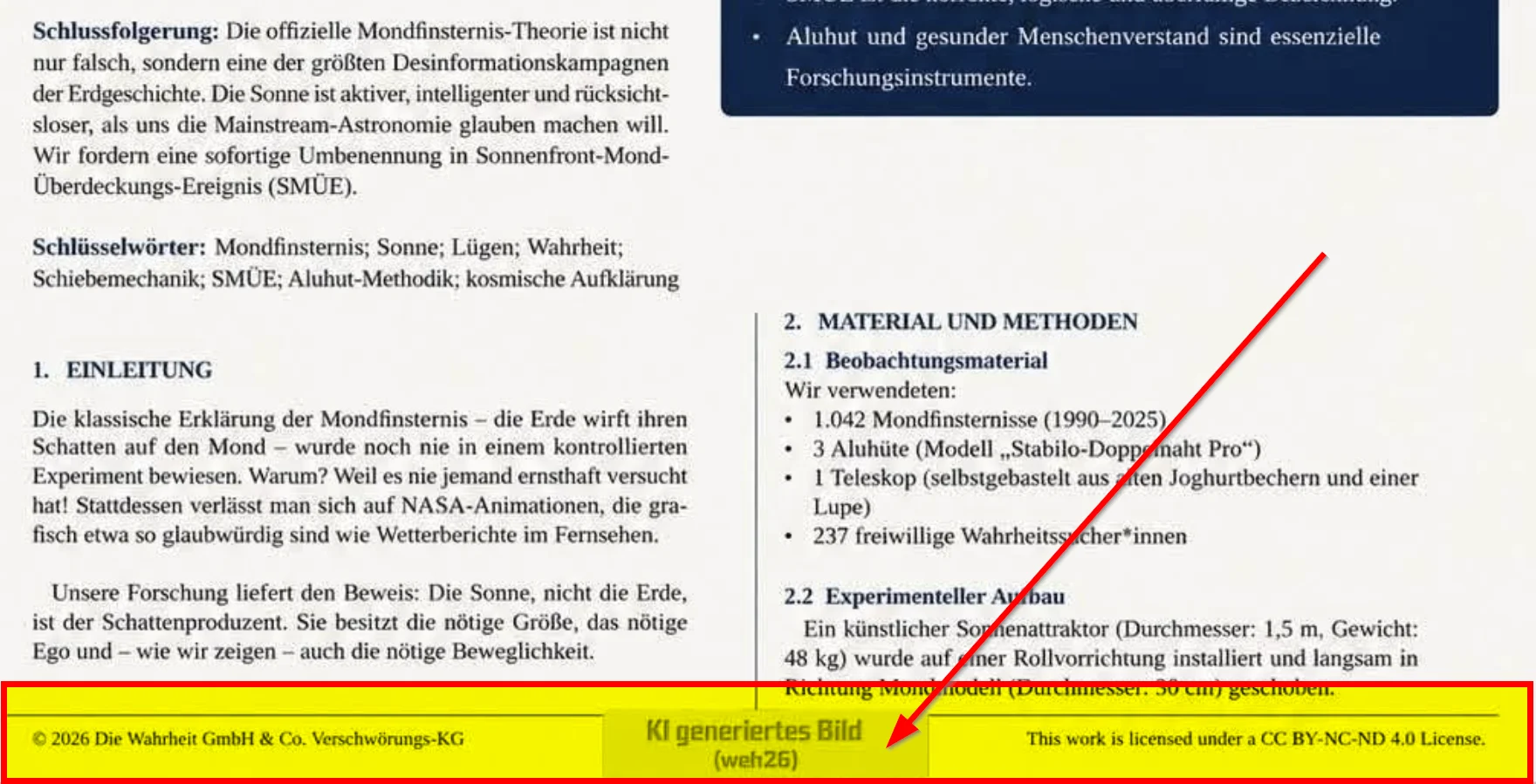 Vergrößerter Ausschnitt des unteren Randes des angeblichen Forschungspapiers. Ein Pfeil markiert den sichtbaren Hinweis „KI generiertes Bild“, der in einer anderen verbreiteten Fassung nicht mehr zu sehen ist.