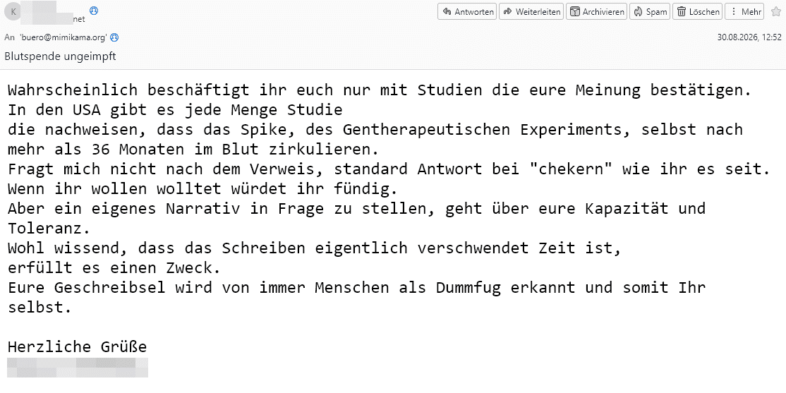 Screenshot der ersten Zuschrift an die Redaktion.