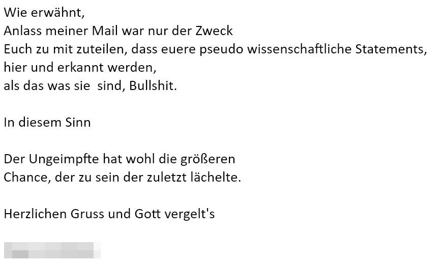 Screenshot der zweiten Zuschrift, in der erneut keine Studie genannt wird.