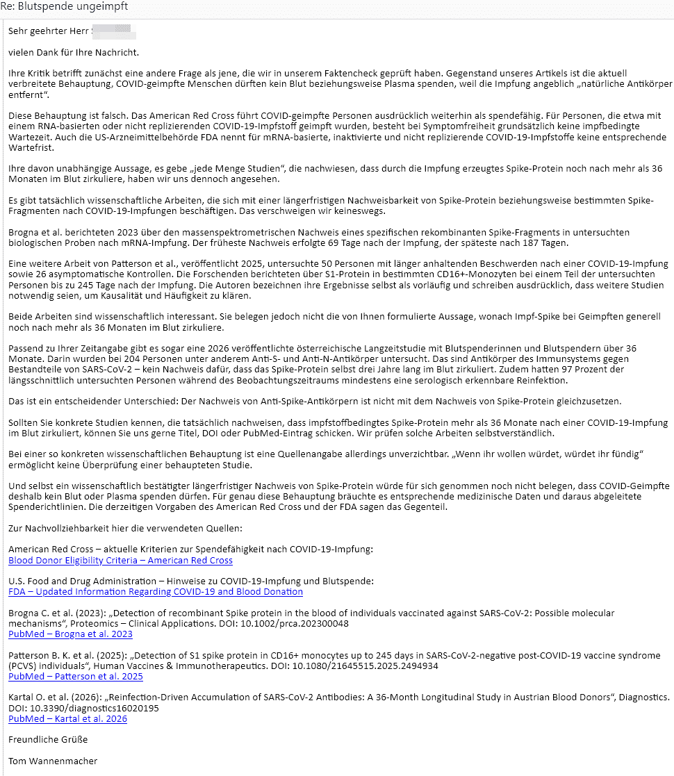 Screenshot der Antwort der Mimikama-Redaktion mit den genannten Studien und der Bitte um eine konkrete Quelle.