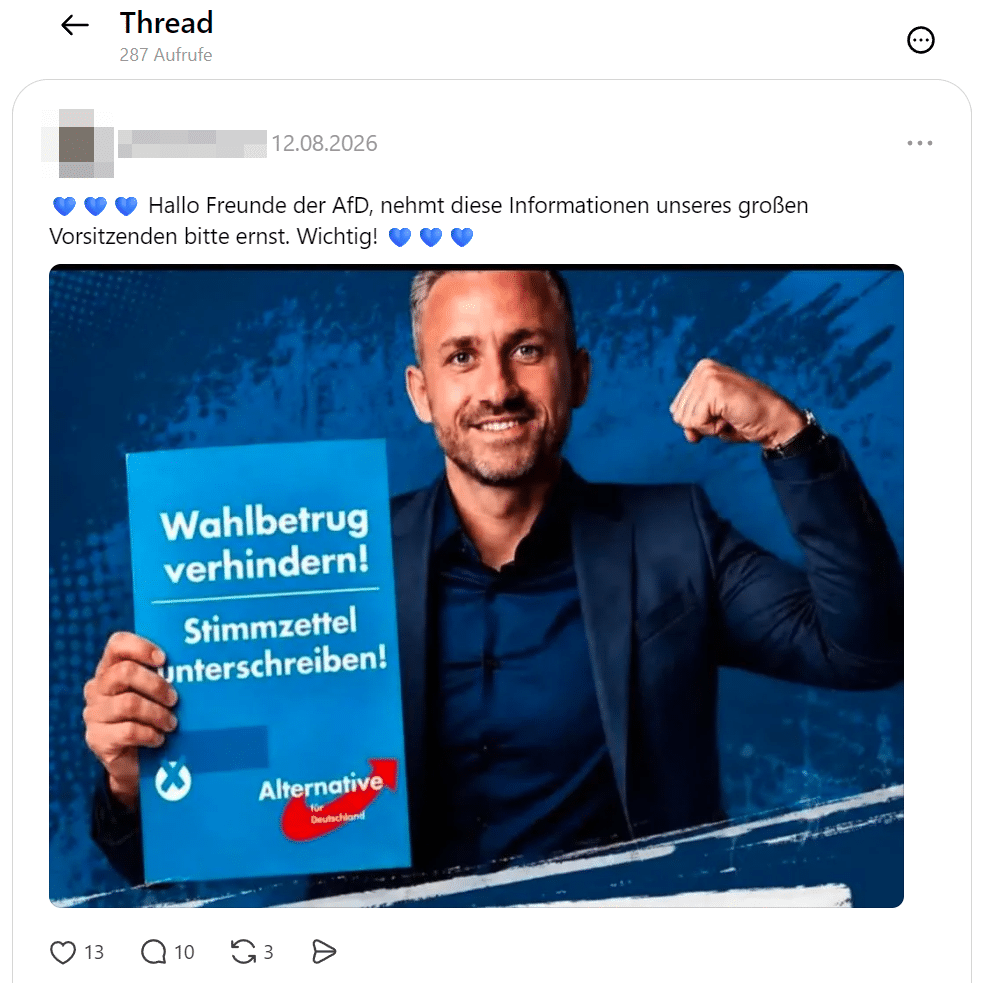Weitere Variante der Fälschung: Ulrich Siegmund mit einem Schild, auf dem „Wahlbetrug verhindern! Stimmzettel unterschreiben!“ steht.
