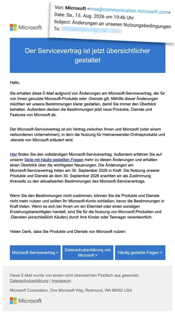 Microsoft-Mail zum Servicevertrag ist echt