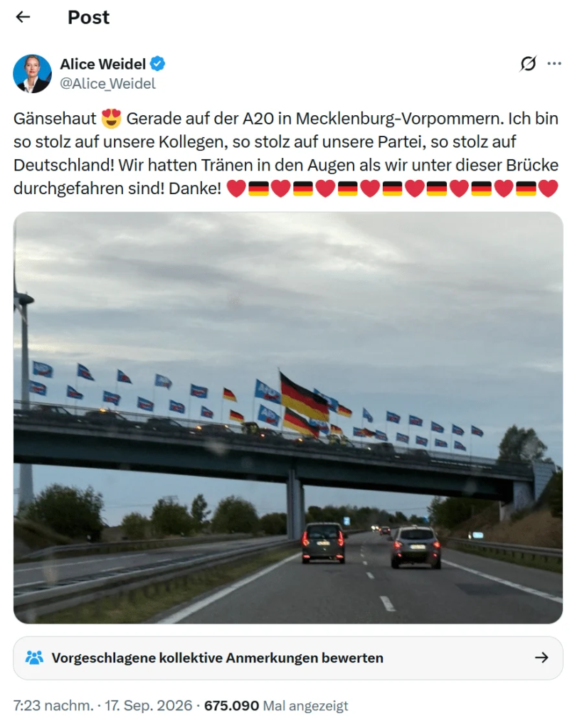 Weidel-Foto von der A20: echt, und trotzdem als Fälschung verbreitet