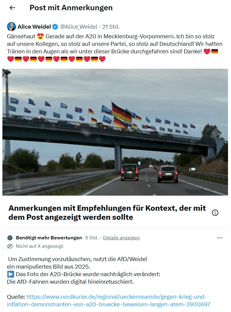 Community Note zum Beitrag mit dem Status „Benötigt mehr Bewertungen“ und dem Hinweis „Nicht auf X angezeigt“