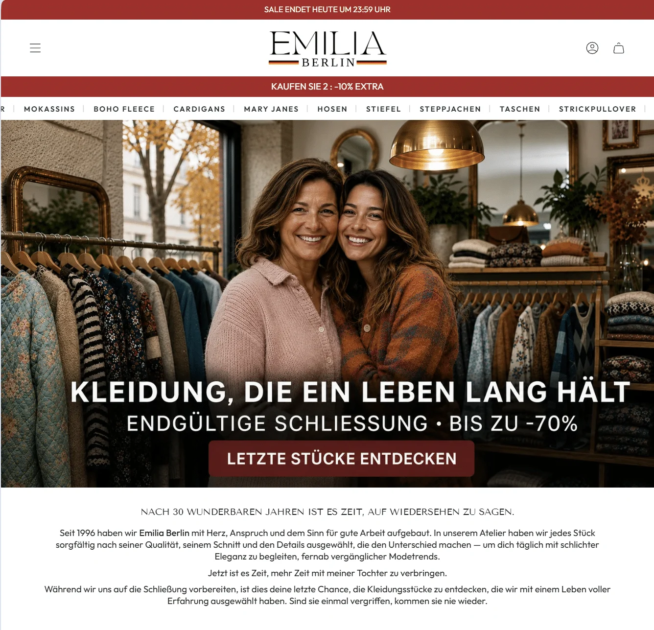 Startseite von Amelie München: dieselbe Boutique, aber zwei blonde Frauen; im Text darunter heißt der Shop „Amelie Wolf“.