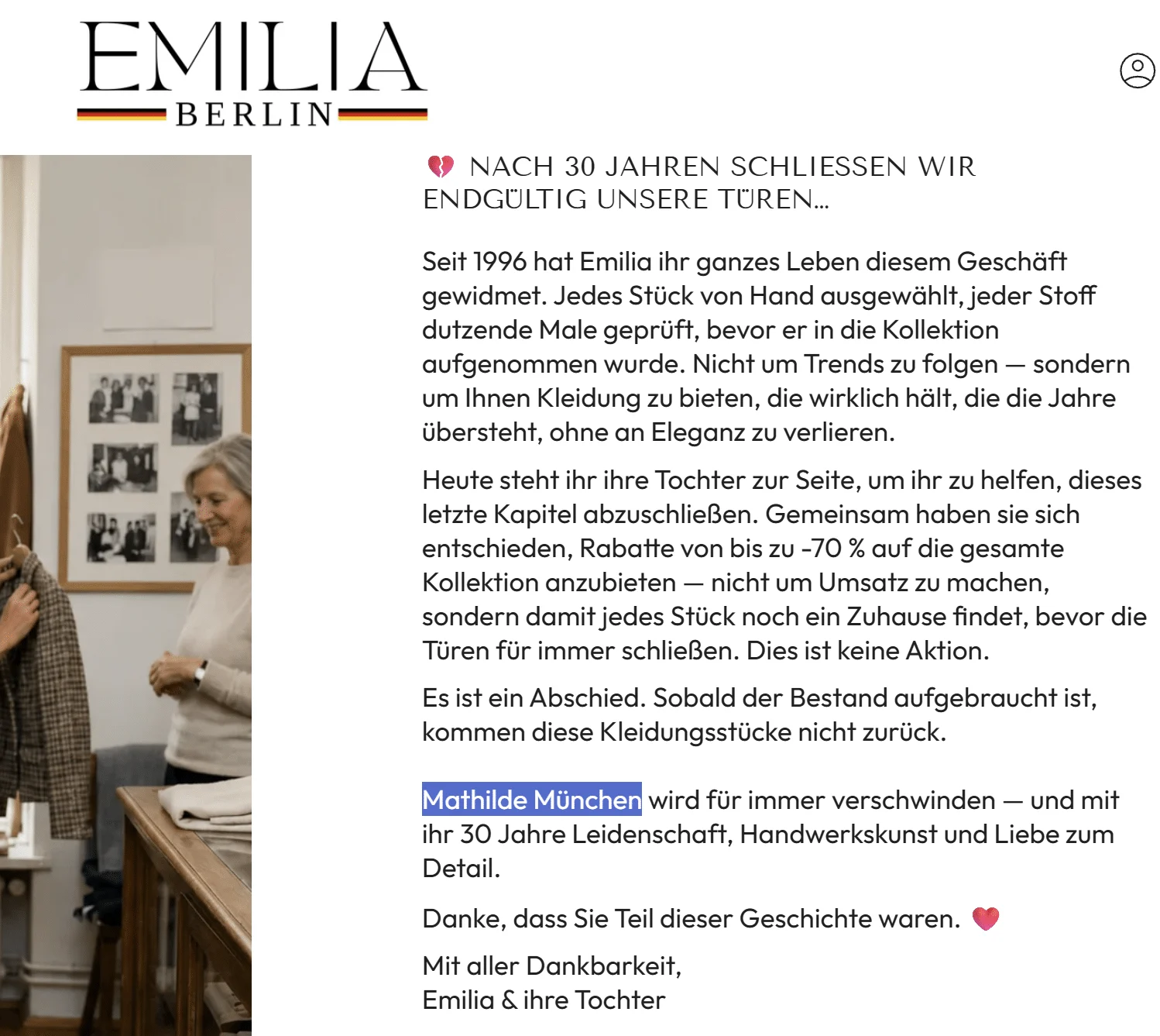 Startseite von Emma Frankfurt: zwei grauhaarige Frauen in grünem Leinen, darüber „Mode, die ein Leben lang hält – Totalausverkauf – bis zu 70 % Rabatt“.