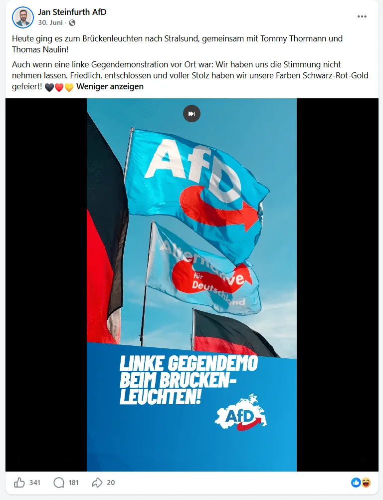 Facebook-Beitrag eines AfD-Politikers vom 30. Juni 2026 über die Teilnahme an einem Brückenleuchten in Stralsund
