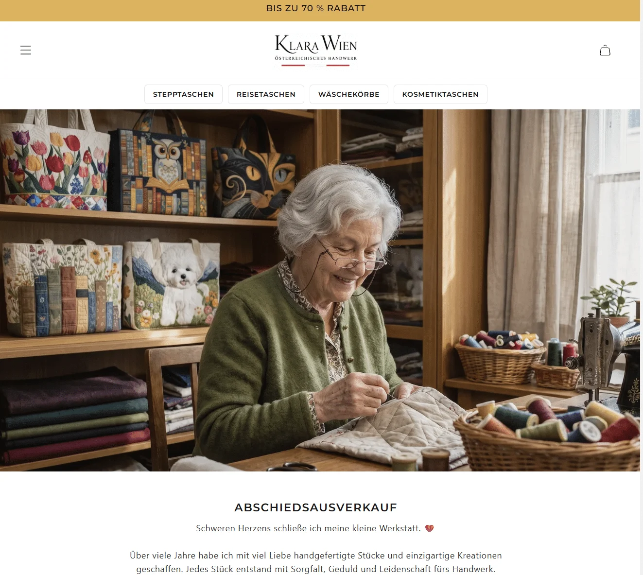 Startseite von Klara Wien: eine ältere Frau an einem Nähtisch, im Regal dieselben gesteppten Taschen mit Eule, Katze, weißem Hund und Tulpen; Unterzeile „Österreichisches Handwerk“, darunter „Abschiedsausverkauf – Schweren Herzens schließe ich meine kleine Werkstatt“.