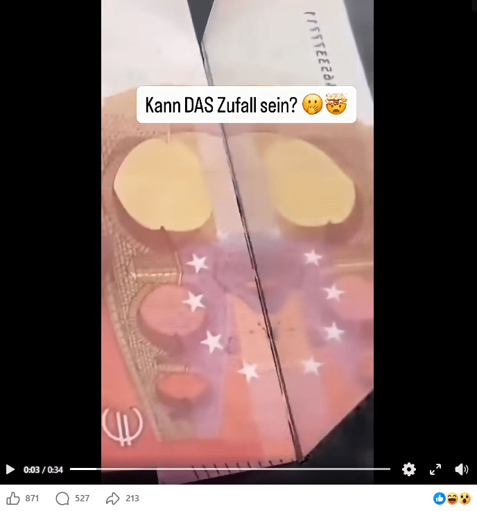Spiegelkante an einem 10-Euro-Schein: Der gespiegelte Ausschnitt ergibt eine symmetrische, gesichtsähnliche Form.
