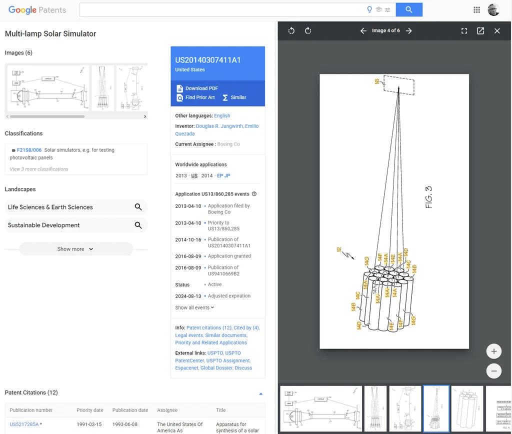 Patent US20140307411A1 für einen Multi-Lamp Solar Simulator von Boeing