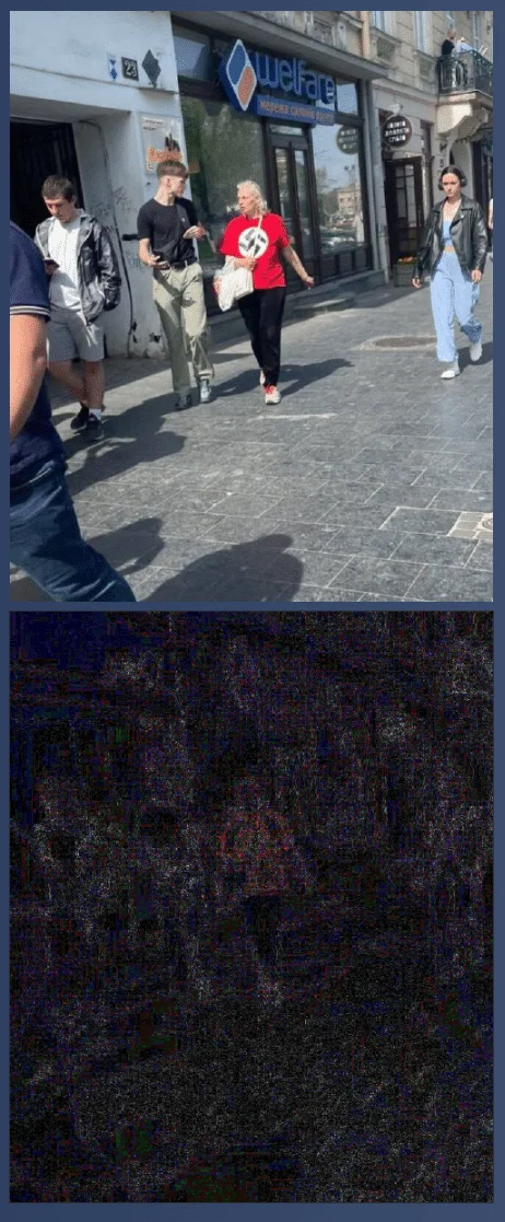 Fehlerlevel-Analyse beider Bildversionen bei FotoForensics: Auf der Hakenkreuz-Version hebt sich der Bereich des Symbols farblich deutlich vom übrigen T-Shirt ab.