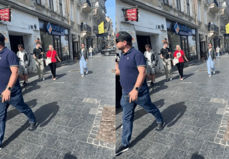 Zwei Ausschnitte desselben Fotos nebeneinander: links die Frau im schlichten roten T-Shirt, rechts dieselbe Frau mit eingefügtem Hakenkreuz auf dem Shirt.