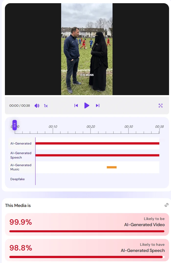 Screenshot: hivedetect. Prüfung durch Mimikama. Reel AI Video. Faktencheck