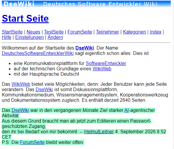 Startseite des DseWiki mit dem Hinweis des Betreibers: Das DseWiki sei in den vergangenen Monaten Ziel starker AI-agentischer Aktivität gewesen, zum Editieren brauche man ab jetzt einen passwortgeschützten Zugang. Unterzeichnet HelmutLeitner, 4. September 2026.