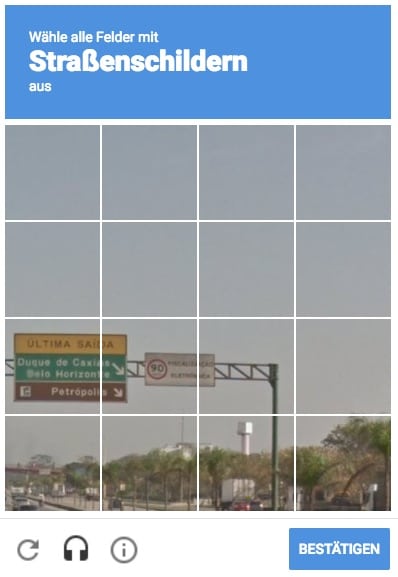 Echte Bildaufgabe von Google: mehrere kleine Fotos, man soll alle mit Straßenschildern anklicken.