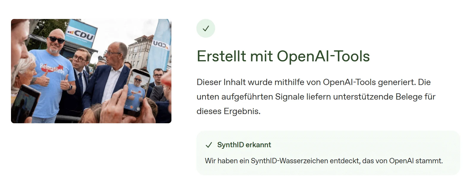 Ergebnisseite von OpenAI Verify mit der Meldung, dass in der hochgeladenen Bilddatei ein SynthID-Wasserzeichen erkannt wurde.