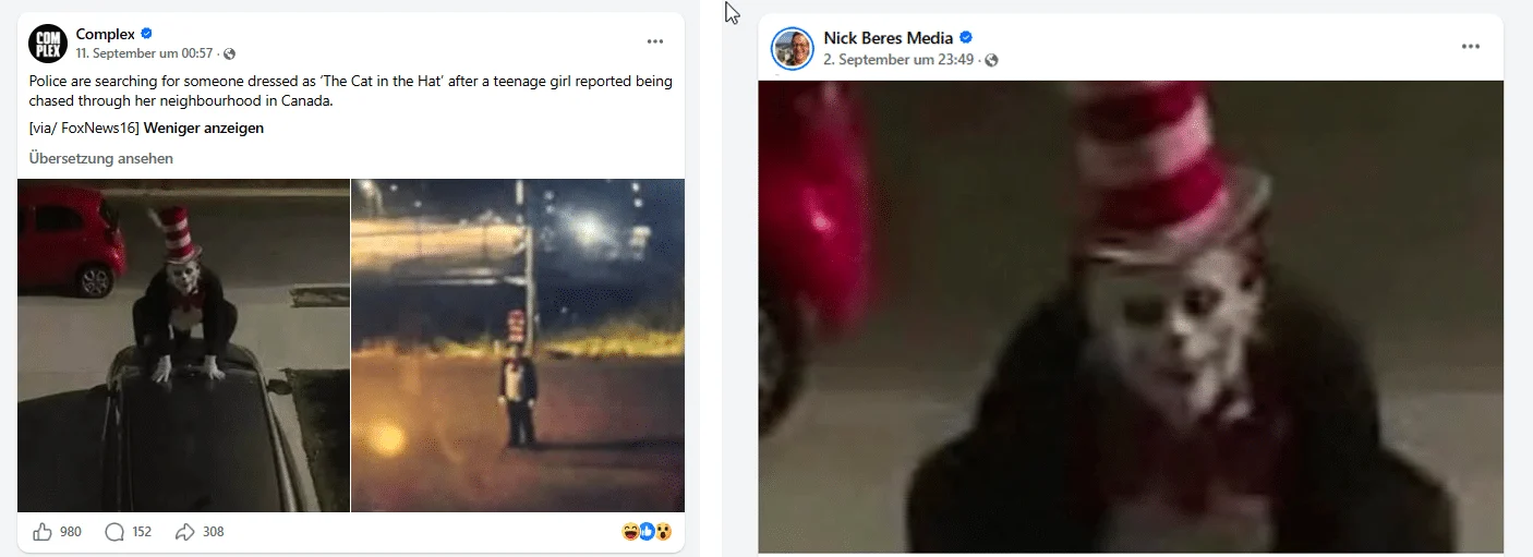 Zwei Facebook-Beiträge. Links Complex vom 11. September mit demselben Foto der Figur auf dem Autodach, rechts Nick Beres Media vom 2. September mit einem Ausschnitt desselben Fotos.