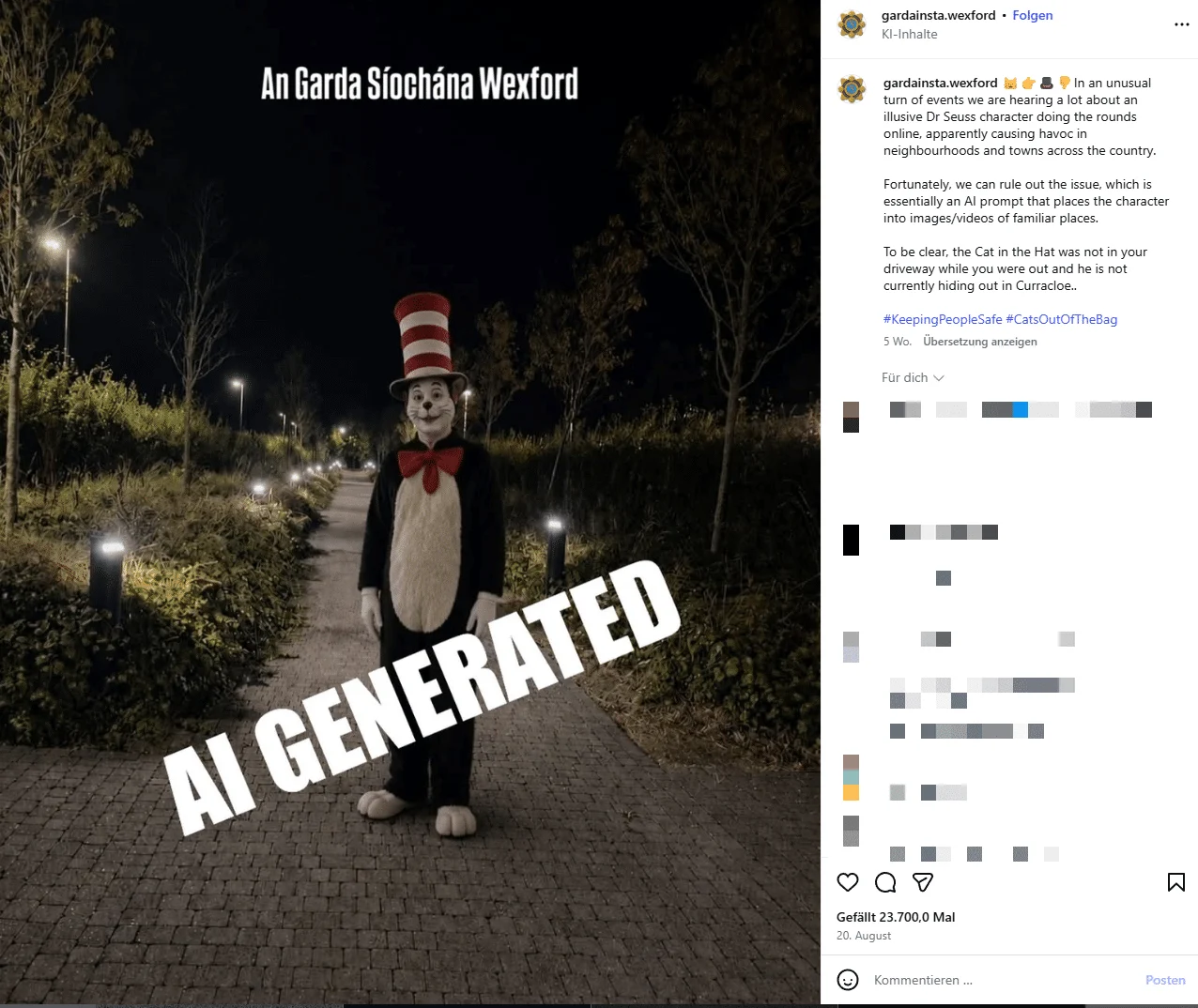 Instagram-Beitrag der irischen Polizei Garda Wexford. Links ein Bild der Figur mit gestreiftem Zylinder auf einem nächtlichen Weg, quer darüber die Aufschrift AI GENERATED. Rechts der Text des Beitrags.