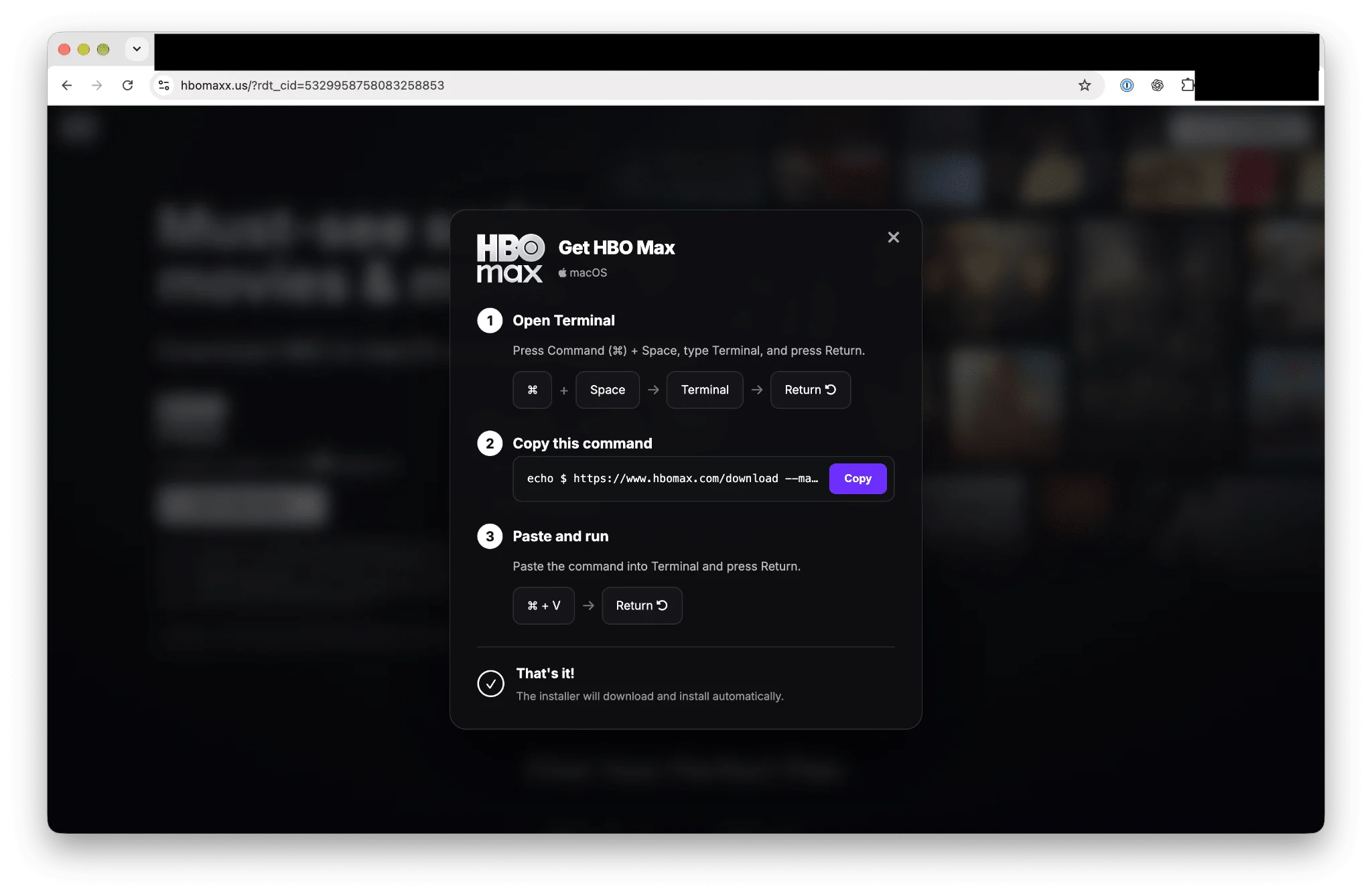 Gefälschte HBO-Max-Seite unter hbomaxx.us. Ein Fenster erklärt in drei Schritten: Terminal öffnen, Befehl kopieren, einfügen und ausführen.