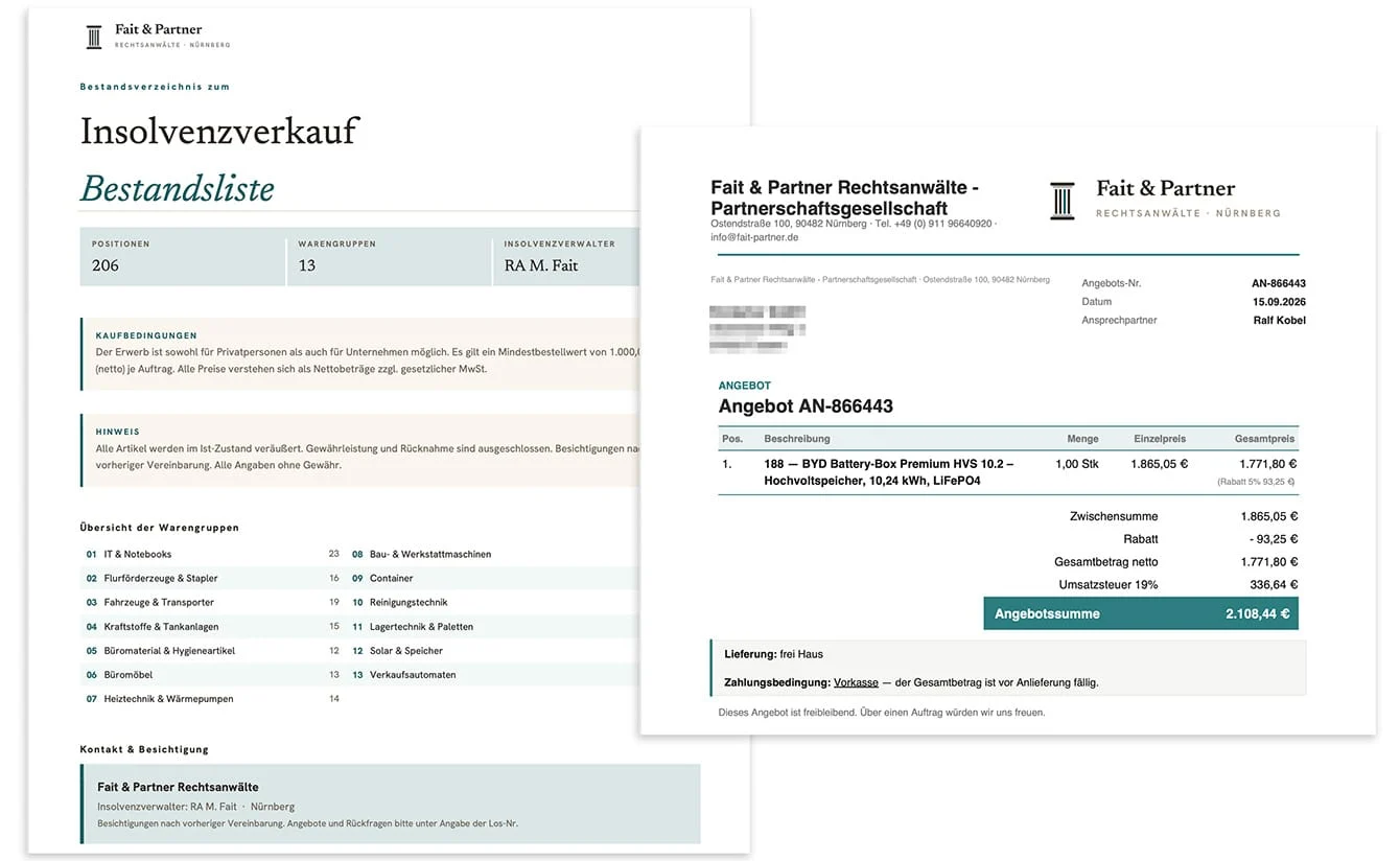 Auszug (Titelblatt) aus der angeblichen Bestandliste, Angebot über vermeintliche Insolvenzware, nur per Vorkasse zahlbar. | Screenshots: Mimikama