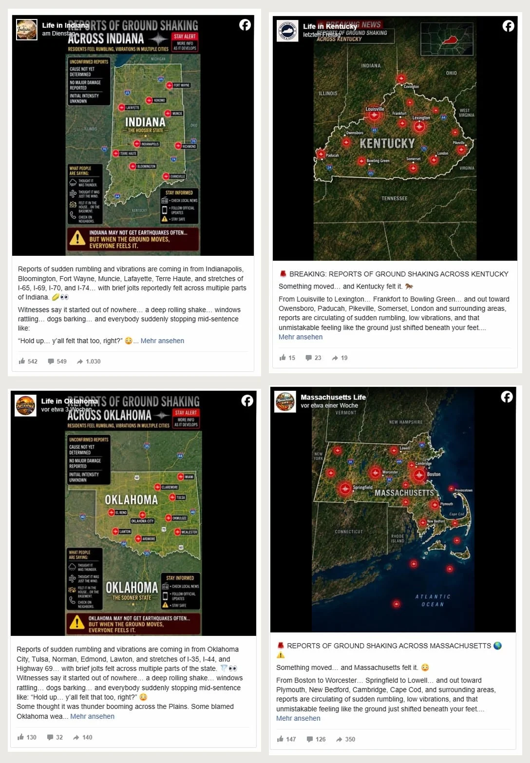 Vier fast gleiche Facebook-Posts über angebliche Erdbeben in Indiana, Kentucky, Oklahoma und Massachusetts