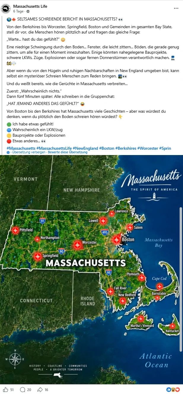 Neuer Facebook-Post von „Massachusetts Life“ mit Umfrage und Karte, automatisch ins Deutsche übersetzt