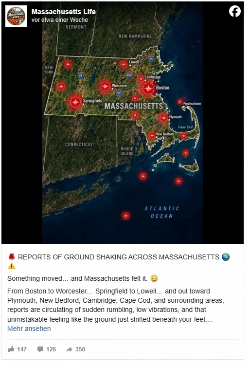Facebook-Post „Massachusetts Life“: rote Erdbeben-Punkte liegen im Atlantik