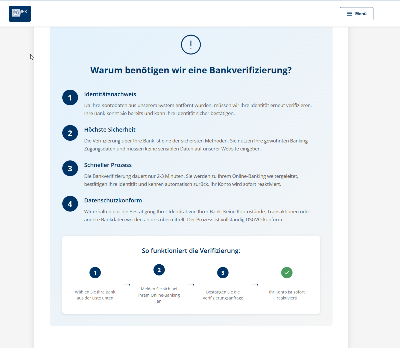 Phishing-Seite mit IHK-Logo und der Überschrift „Warum benötigen wir eine Bankverifizierung?“. Vier nummerierte Punkte erklären angebliche Vorteile. Darunter eine Anleitung in vier Schritten: Bank wählen, beim Online-Banking anmelden, Verifizierungsanfrage bestätigen, Konto ist reaktiviert.