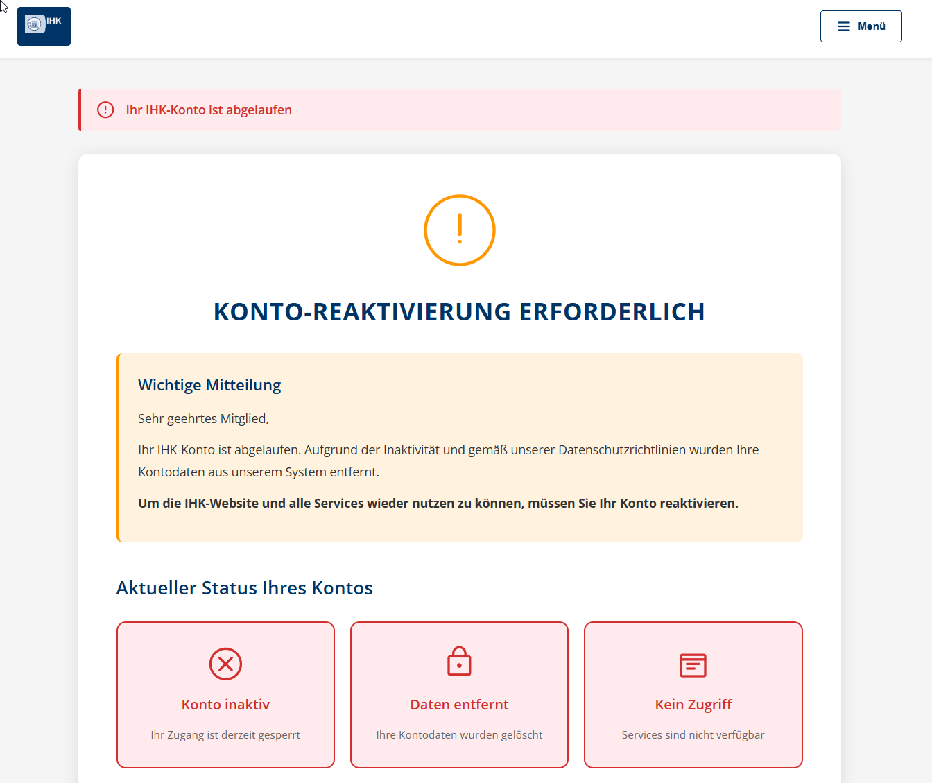 Phishing-Seite mit IHK-Logo. Oben die Warnung „Ihr IHK-Konto ist abgelaufen“, darunter die Überschrift „Konto-Reaktivierung erforderlich“ und drei rote Kästen: Konto inaktiv, Daten entfernt, Kein Zugriff.