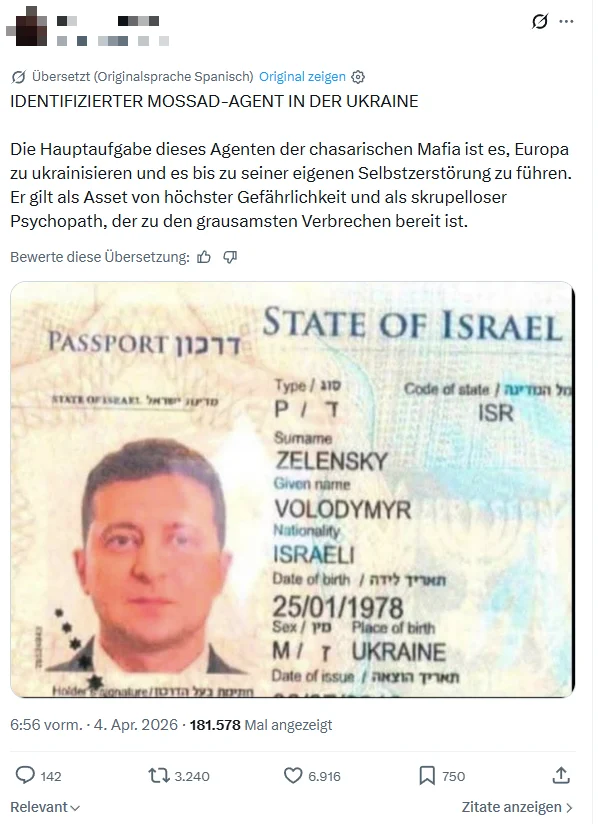 Beitrag auf X mit der Überschrift „Identifizierter Mossad-Agent in der Ukraine“ und einem angeblichen israelischen Pass von Selenskyj mit der Schreibweise Zelensky.