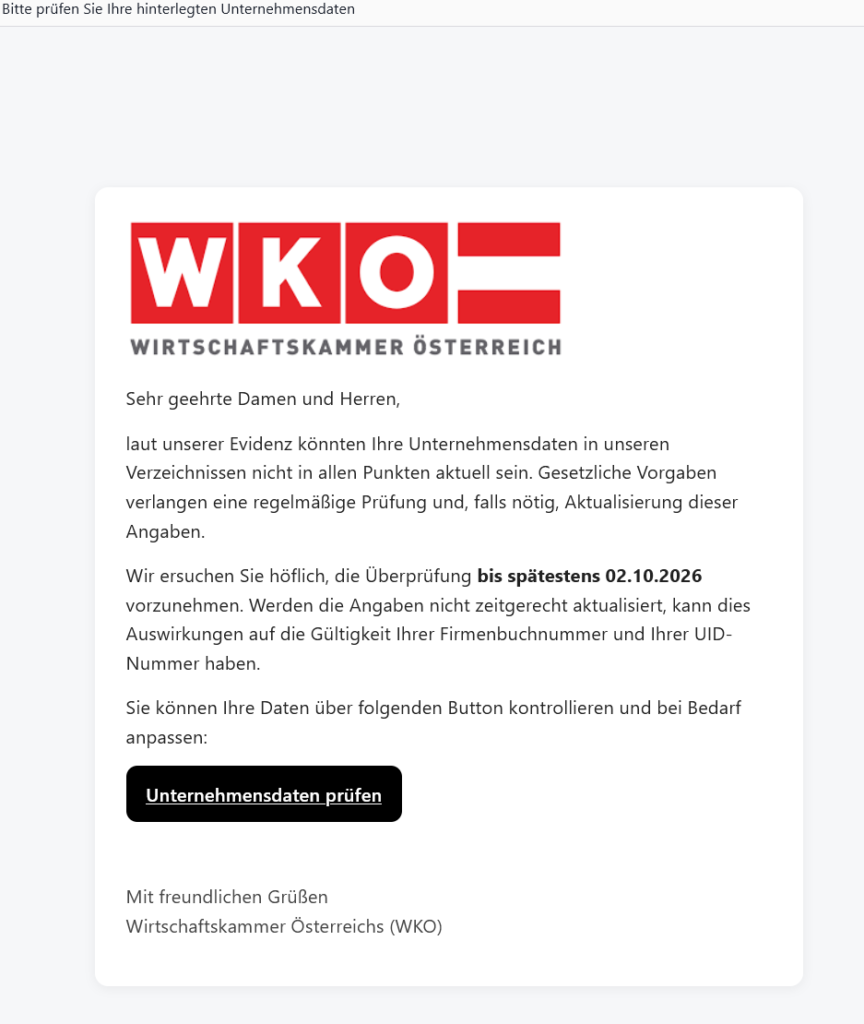 Fake-WKO-Mail „Unternehmensdaten prüfen“: Phishing