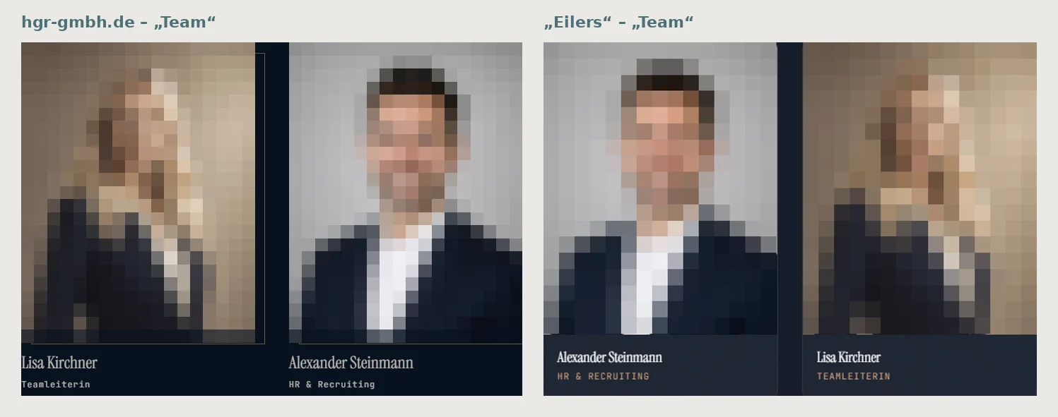 Gegenüberstellung der Teamseiten von hgr-gmbh.de und eilers-gmbh.com: zwei identische Porträts mit den Namen Lisa Kirchner und Alexander Steinmann, jeweils als Teamleiterin und HR & Recruiting, Gesichter verpixelt.