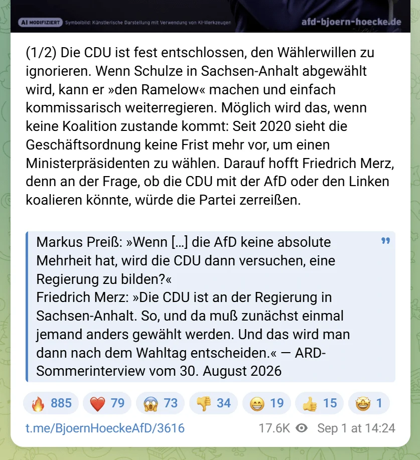 Erster Teil des Telegram-Beitrags von Björn Höcke vom 1. September 2026: Die CDU sei entschlossen, den Wählerwillen zu ignorieren; Schulze könne kommissarisch weiterregieren, weil es seit 2020 keine Frist mehr für die Wahl des Ministerpräsidenten gebe.