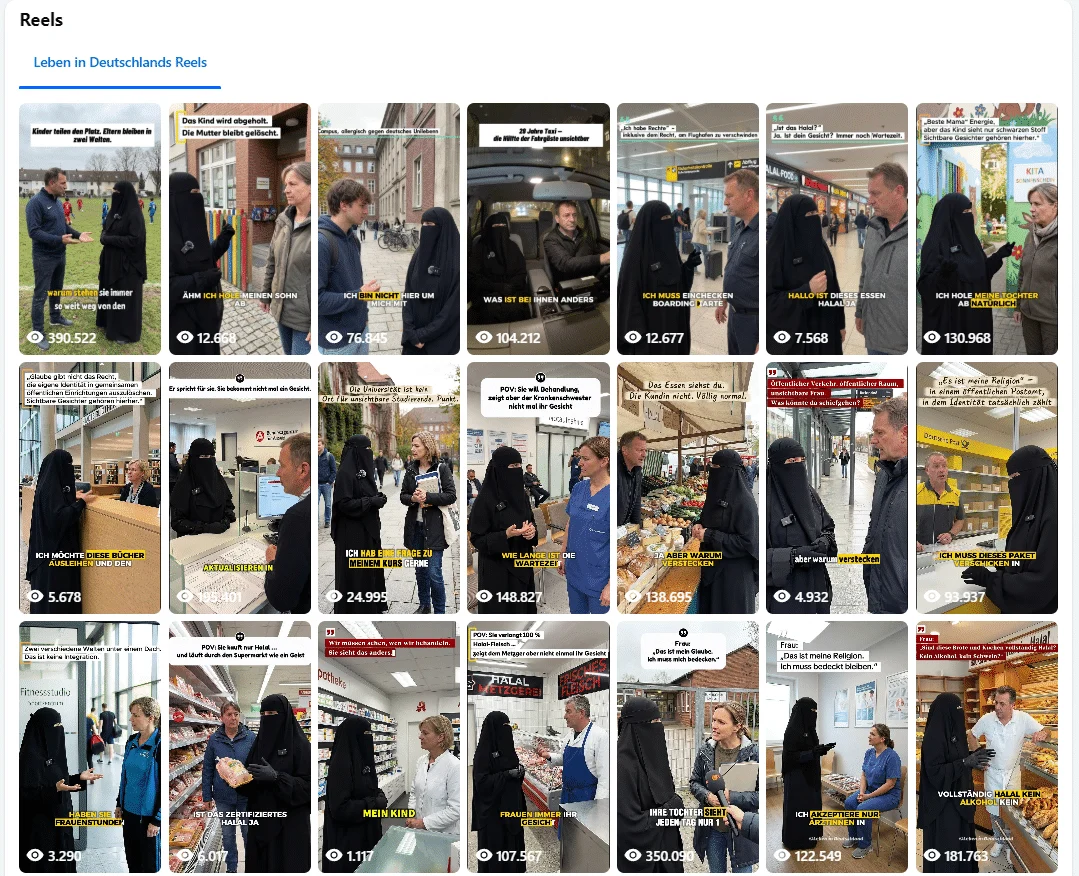 Screenshot: Dieselbe Frau, immer neue Konflikte. Kindergarten, Campus, Taxi, Flughafen: Die Seite zeigt die Figur im Niqab in einer Reihe gleich gebauter Streitszenen.