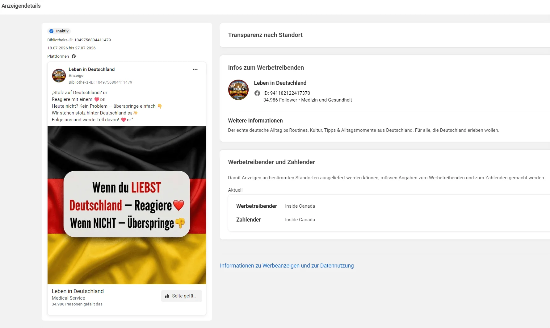 Deutschlandflagge mit Aufruf zur Reaktion. Facebook-Werbeanzeigenmanager