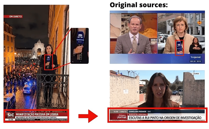 Links ein KI-Video: eine Reporterin mit RTP-Mikrofon auf einem Balkon über einer Menschenmenge, unten eine Einblendung im Stil des Senders SIC. Rechts echte Aufnahmen von RTP und SIC mit denselben Gestaltungselementen, rot markiert.