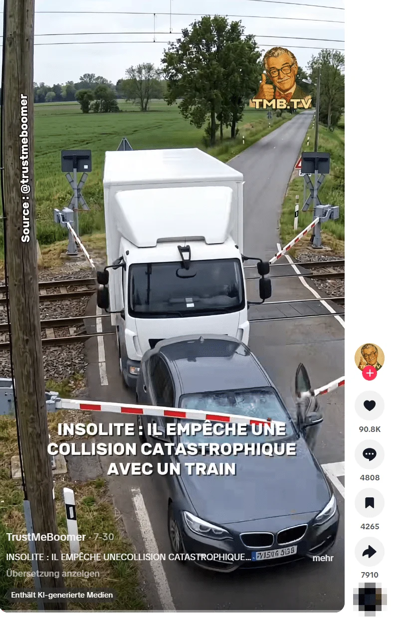 TikTok-Beitrag von TrustMeBoomer: Der weiße Lieferwagen schiebt das Auto über den Bahnübergang. Unten links der Hinweis Enthält KI-generierte Medien.
