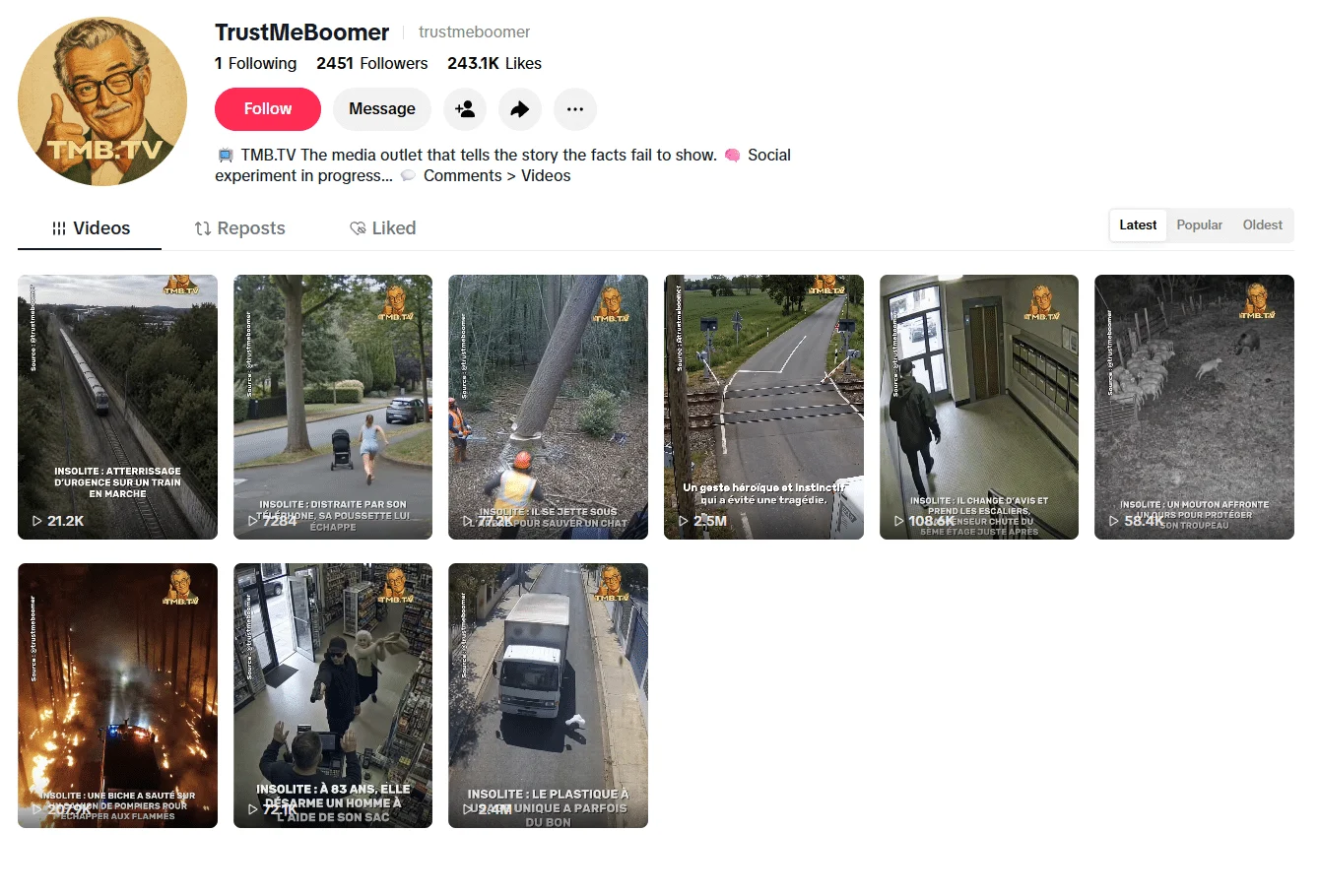 TikTok-Profil TrustMeBoomer mit 2451 Followern und neun Videos mit französischen Titeln, darunter das Video vom Bahnübergang mit 2,5 Millionen Aufrufen.