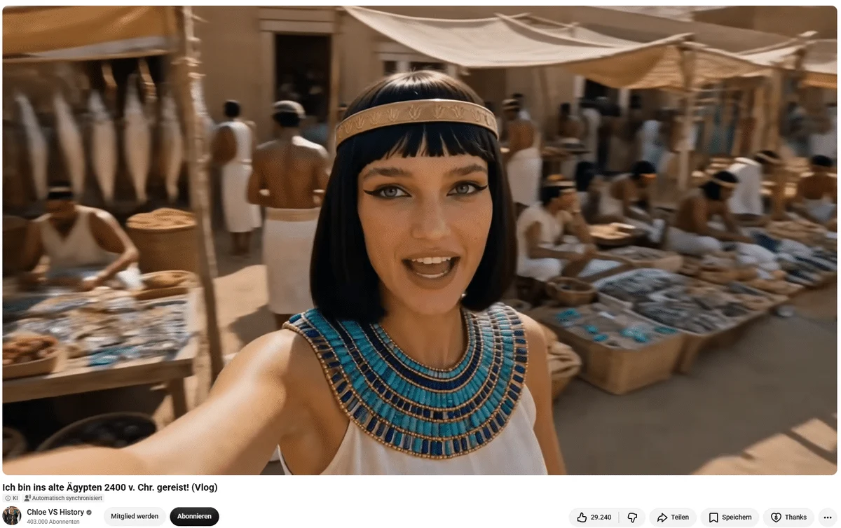 Szene aus demselben KI-Video: Die Figur Chloe mit schwarzer Perücke, goldenem Stirnband und türkisblauem Halskragen macht ein Selfie auf einem Markt mit Ständen voller Schmuck und Waren.
