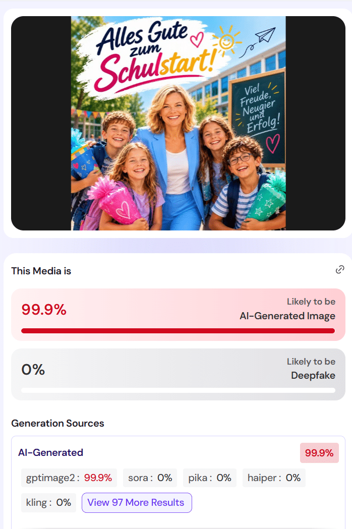 Auswertung des Schulstart-Bildes in einem KI-Erkennungsprogramm: 99,9 Prozent wahrscheinlich KI-generiert, 0 Prozent Deepfake.