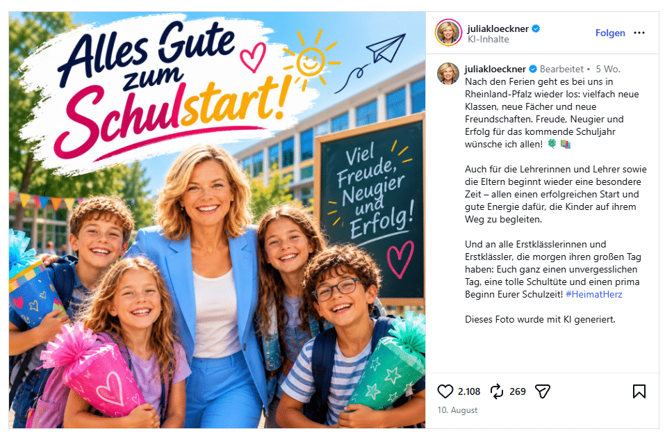 Instagram-Beitrag von Julia Klöckner: KI-Bild mit vier Kindern mit Schultüten und der Aufschrift Alles Gute zum Schulstart. Neben dem Kontonamen steht KI-Inhalte, am Ende des Textes der Satz Dieses Foto wurde mit KI generiert.