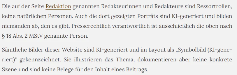 Ausschnitt aus dem Impressum von koelner-zeit.de: Die genannten Redakteurinnen und Redakteure seien Ressortrollen, keine natürlichen Personen; Porträts und sämtliche Bilder der Website seien KI-generiert und keine Belege für den Inhalt eines Beitrags.