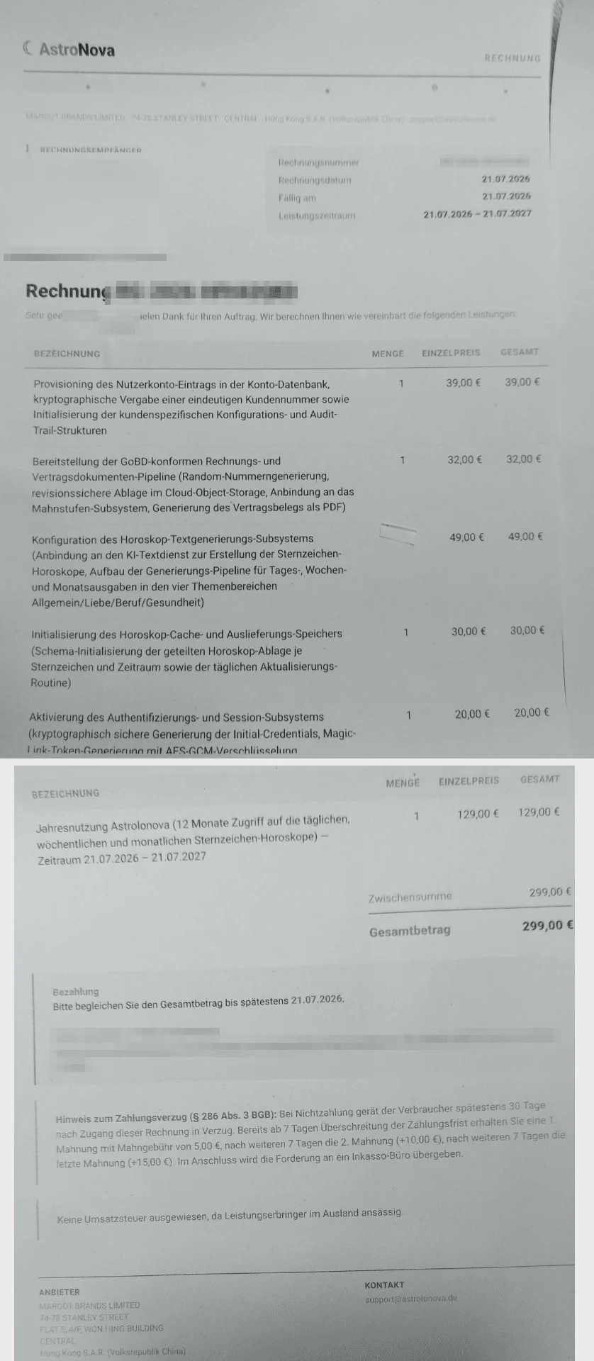 Rechnung von Astrolonova über 299 Euro mit Absender Margot Brands Limited aus Hongkong. 170 Euro entfallen auf technische Posten, 129 Euro auf die Jahresnutzung. Empfängerdaten, Rechnungsnummer und Zahlungslink sind unkenntlich gemacht.