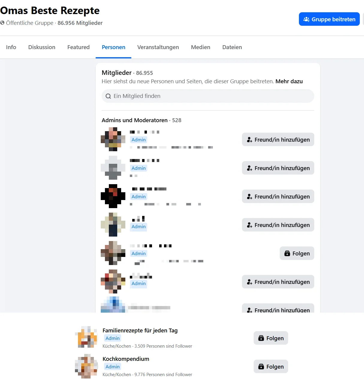 Liste der Admins und Moderatoren der Gruppe mit der Zahl 528. Namen und Profilbilder der Personen sind verpixelt, darunter die Seiten „Familienrezepte für jeden Tag“ und „Kochkompendium“ mit Admin-Abzeichen.