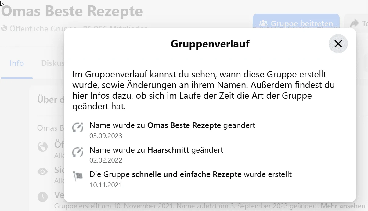 Gruppenverlauf auf Facebook: erstellt am 10.11.2021 als „schnelle und einfache Rezepte“, am 02.02.2022 umbenannt in „Haarschnitt“, am 03.09.2023 in „Omas Beste Rezepte“.
