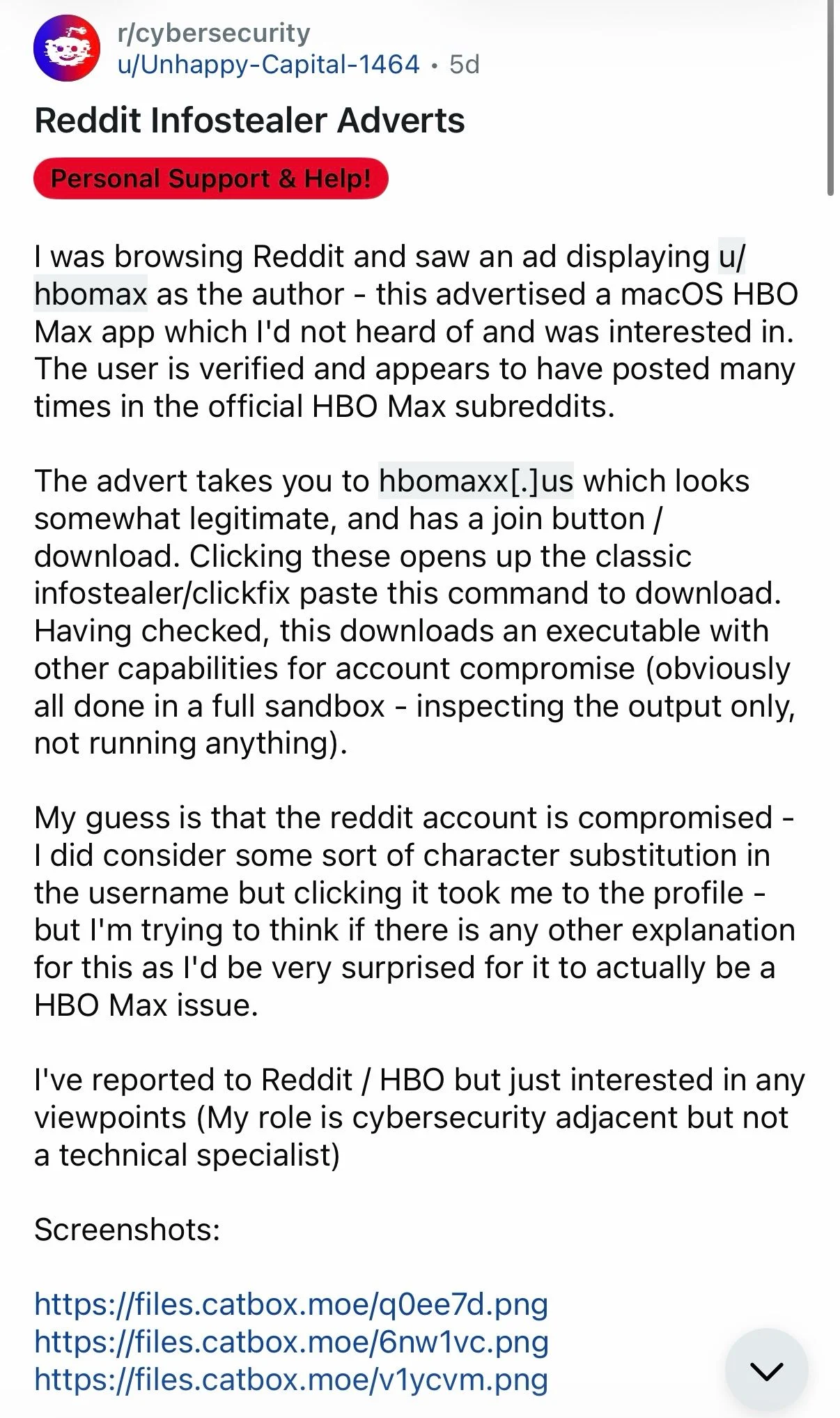 Beitrag im Reddit-Forum r/cybersecurity mit dem Titel Reddit Infostealer Adverts. Ein Nutzer beschreibt die Werbung vom Konto u/hbomax und die Seite hbomaxx.us.